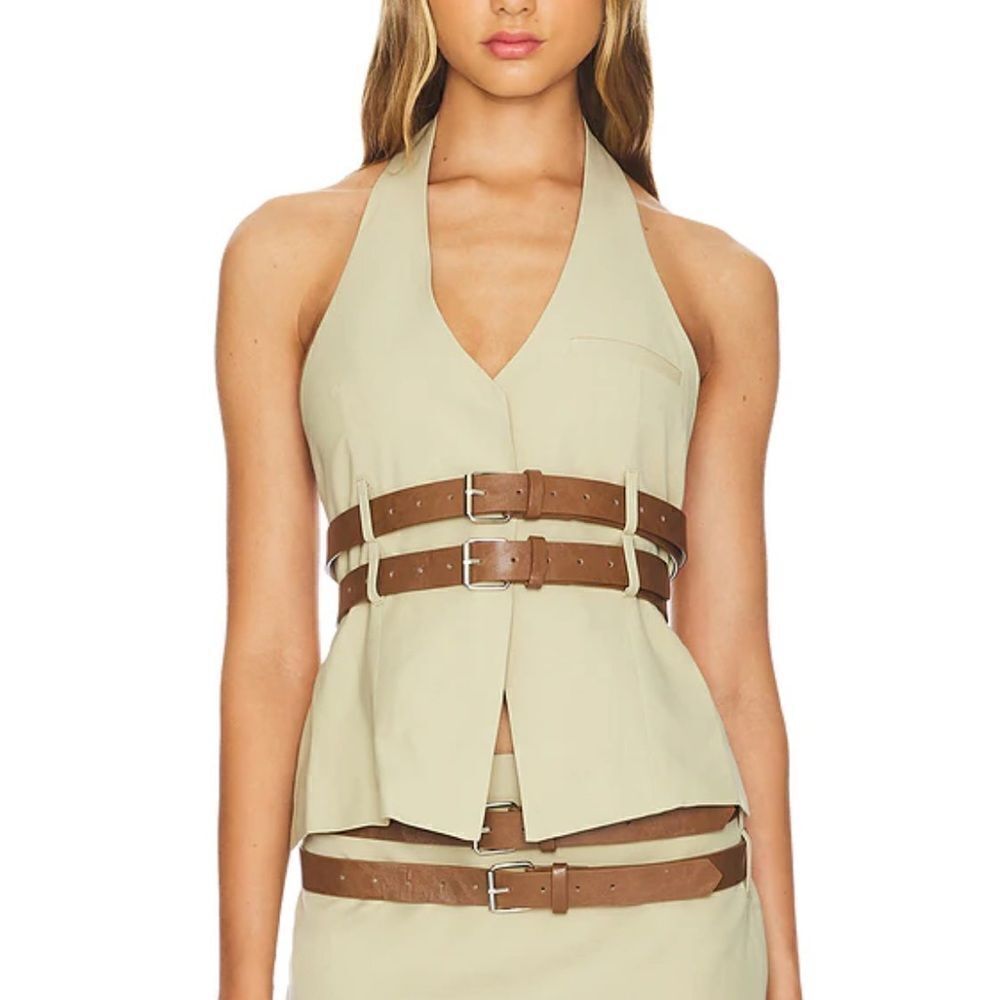 NWT Lioness Ethereal Buckle Top in Beige halter harness belted Revolve XS